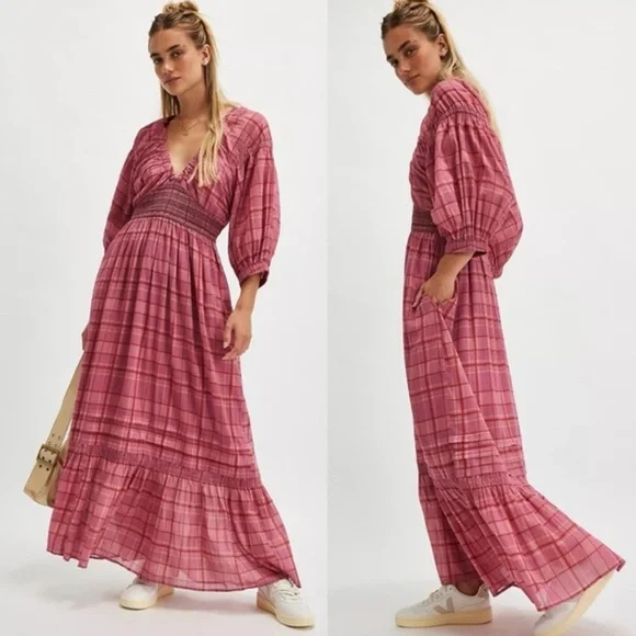 Free People Pink Plaid Maxi Dress - Picture 1 of 4